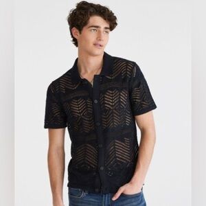 Aeropostale Black Chevron Crocheted Knit Button-Up Polo Shirt 100% Cotton XXL